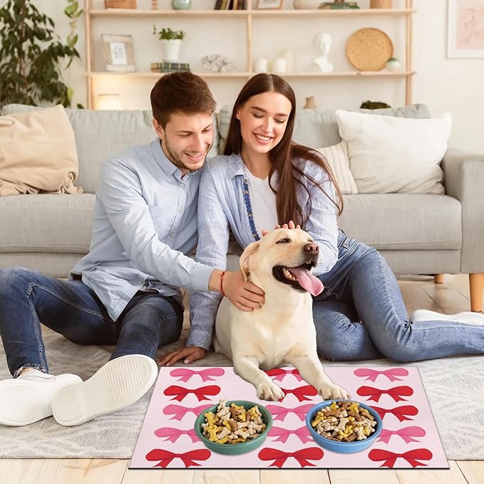 Cute Bow Dog Food Mat for Floors Absorbent, Quick Dry Water Dispenser Mat for Food, Water, Pet Supplies 24" x 32", Bowknot