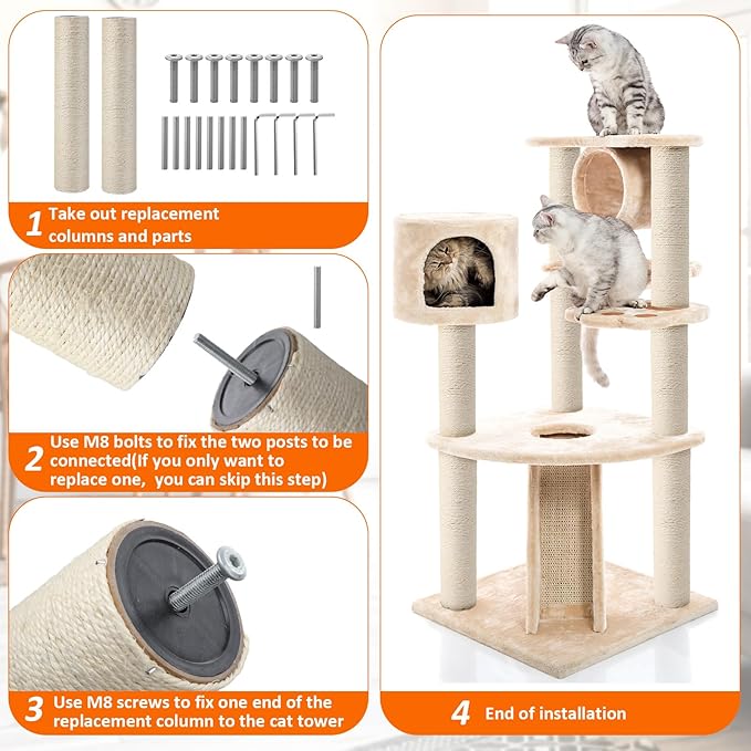 8 Pcs M8 Cat Scratching Post Replacement 15.7x3.1'' Sisal Pole Cat Tree Climbing Post Replacement with Screw, Refill Scratcher Pole for Indoor Kitten Tree Tower Spare Pet Furniture Protector