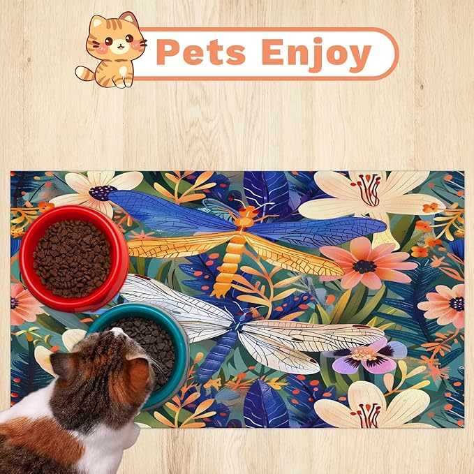 Floral Dragonfly Dog Food Mat for Floors Absorbent, Quick Dry Water Dispenser Mat for Food, Water, Pet Supplies 17" x 30", Wildflower Plant