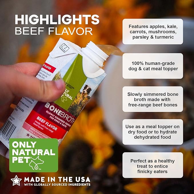 Only Natural Pet Bone Broth Beef Flavor Dog & Cat Meal Topper, 100% Human-Grade Slow-Simmered, Free-Range for Dry Food or to Hydrate Dehydrated Food - (2-Pack / 11.16 oz Each)