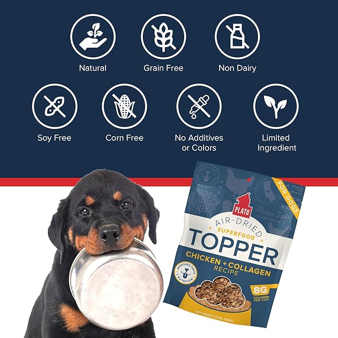Plato Pet Treats Dog Food Toppers - Air-Dried Dog Food Toppers for Dry Food - with Collagen to Support Skin and Coat Health - Chicken and Collagen Recipe 12oz