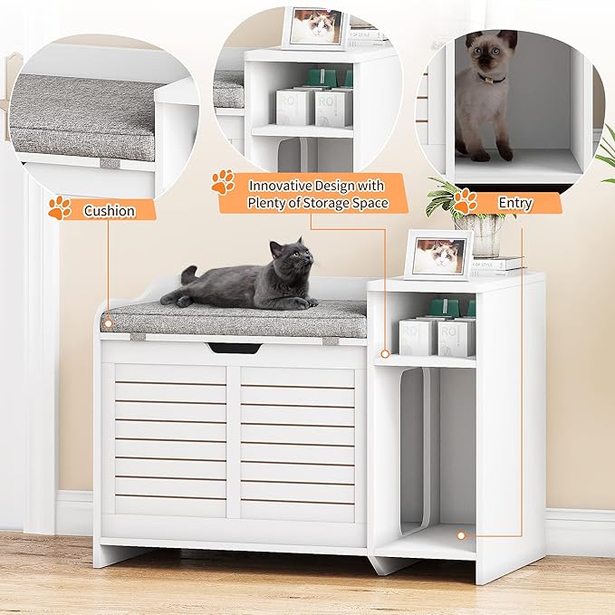 Cat Litter Box Enclosure, Litter Box Enclosure with Top Opening with Cushion, Cat Litter Box Cabinet Furniture Hidden, Litter Box Hidden, Cat House, White Medium