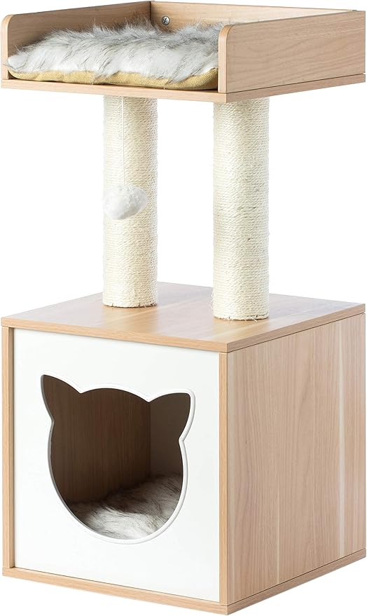 Cat Tree Play House Condo Cube Cave, Platform, Scratcher Post and Ball Toy