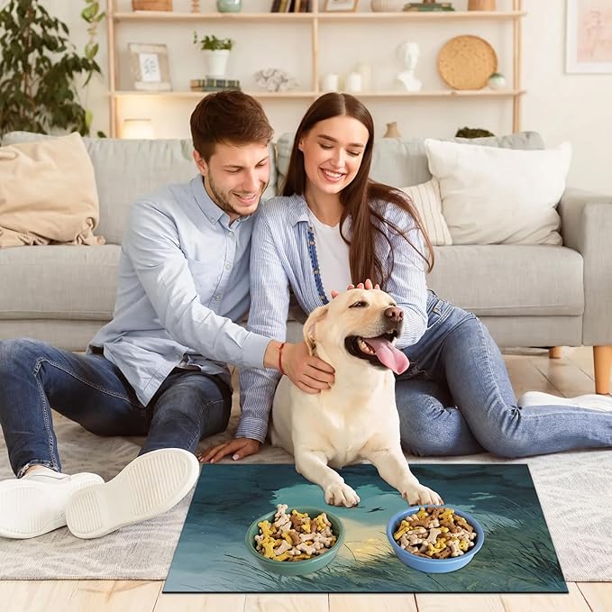 Sky Scenery Dog Food Mat for Floors Absorbent, Quick Dry Water Dispenser Mat for Food, Water, Pet Supplies 17" x 30", Grass