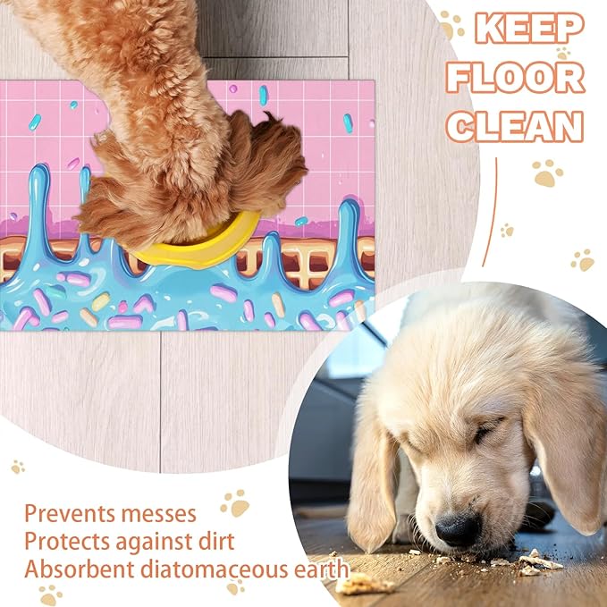 Ice Cream Dog Food Mat for Floors Absorbent Dog Bowl Mat for Food and Water Dispenser Quick Dry Cat Food Placemat Pet Supplies 12" x 20", Pink Blue