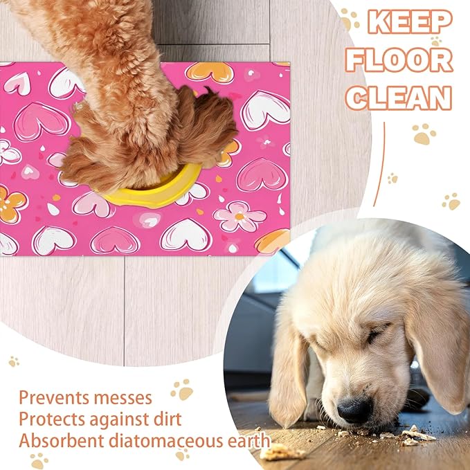 Love Heart Dog Food Mat for Floors Absorbent, Quick Dry Water Dispenser Mat for Food, Water, Pet Supplies 16" x 24", Pink Yellow