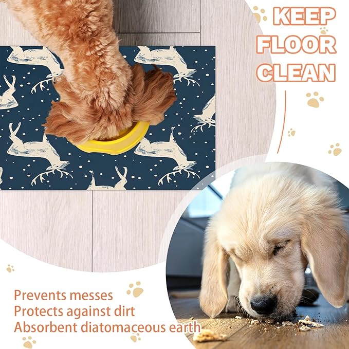 Christmas Deers Dog Food Mat for Floors Absorbent, Quick Dry Water Dispenser Mat for Food, Water, Pet Supplies 24" x 32", Winter Snowflake