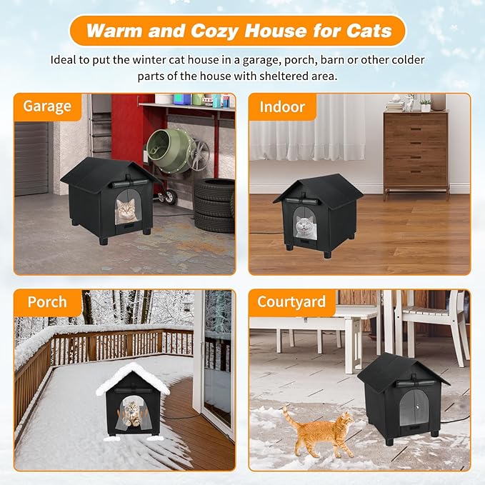 BWOGUE Elevated Heated Cat House for Outdoor Cats in Winter, Waterproof & Insulated Feral Cat Shelter for Outside Cats,Weatherproof Feral Cat House for Outside (Black, L)