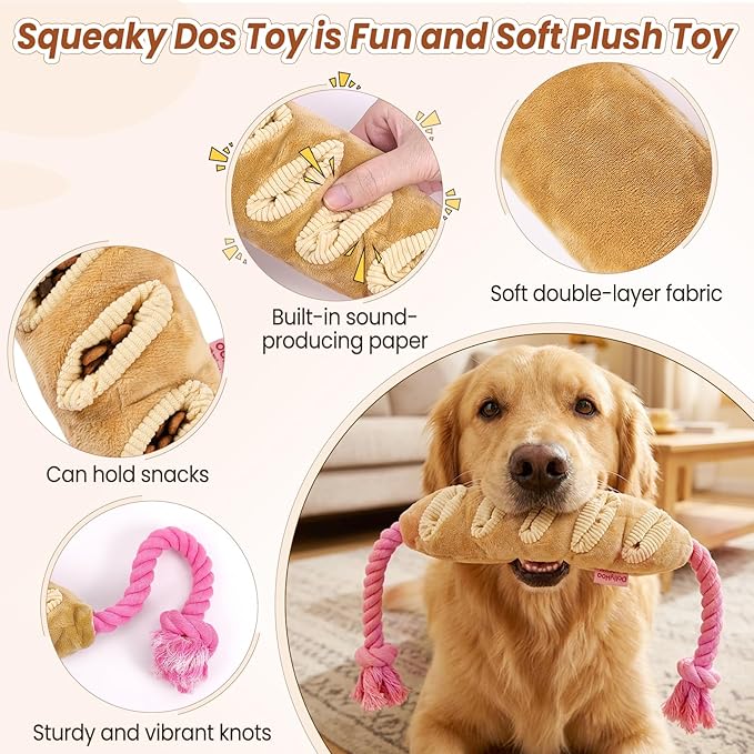 Baguette Dog Snuffle Toy, Interactive Crinkle Plush Chew Toys with Rope for Large Medium Small Dogs, Hide and Seek Treat Dispensing Puzzle for Puppy Boredom Relief, Brain Stimulation Foraging