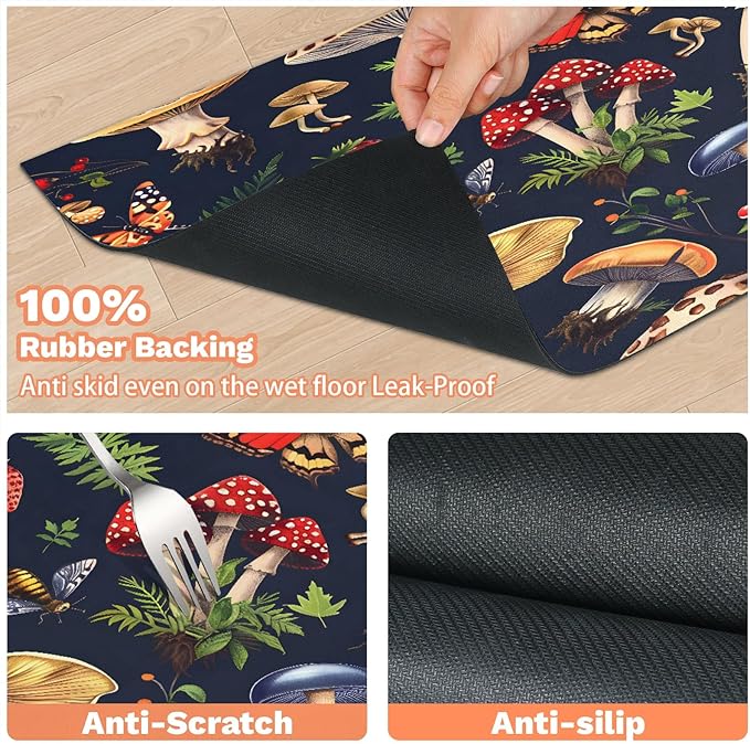 Autumn Mushrooms Dog Food Mat for Floors Absorbent Dog Bowl Mat for Food and Water Dispenser Quick Dry Cat Food Placemat Pet Supplies 12" x 20", Boho Leaves