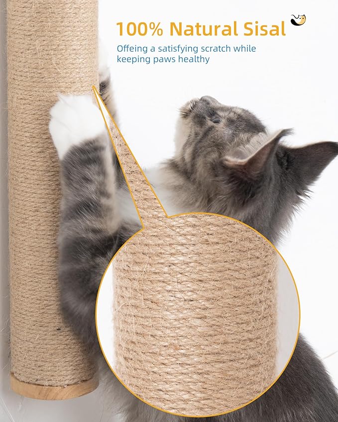 68" Wall Mounted Cat Scratcher, 2-Pcs of 34inch Tall Sisal Scratching Posts, Wall Mounted Cat Pole for Indoor Large Adult Cats Climb Stretch Play, Wooden