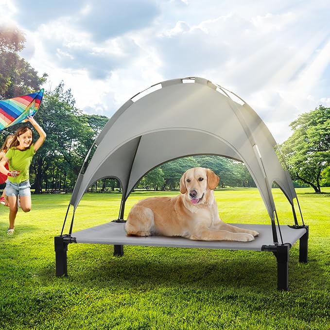 Heeyoo Elevated Dog Bed with Canopy, Outdoor Dog Bed Cot with Removable Shade Tent, Portable Raised Pet Cot Cooling Bed for Dogs and Cats, Grey, 51" x 36"