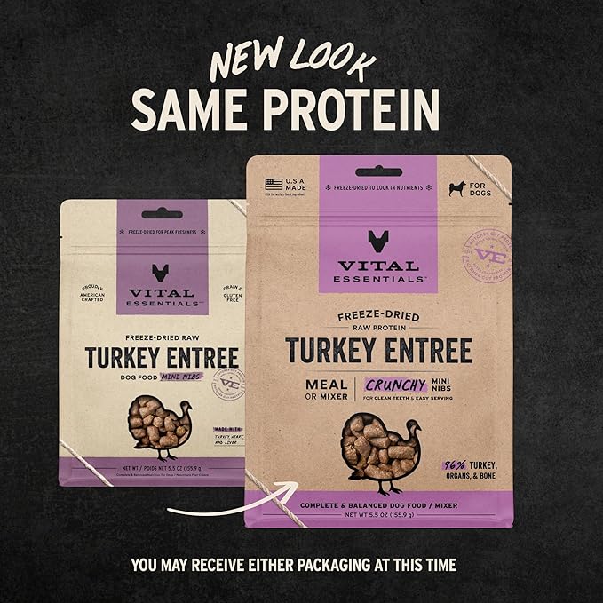Vital Essentials Freeze Dried Dog Food, Raw Turkey Crunchy Mini Nibs | Complete Meal or Topper | 96% Turkey, Organs & Bone | Limited Ingredient, High Protein, Grain Free Dry Dog Food | 5.5 oz Bag
