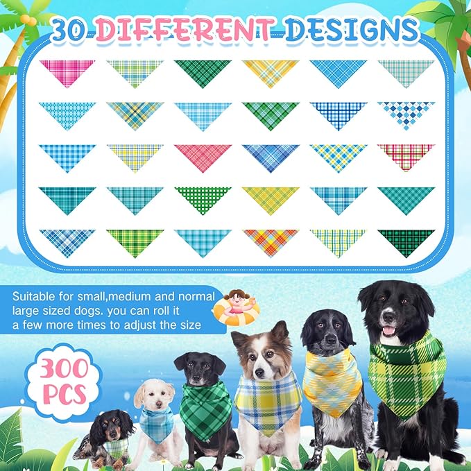 Kacctyen 300 Pcs Summer Plaid Dog Bandanas Bulk Hawaiian Pet Bibs Seasonal Accessories Adjustable Dog Cat Outfit Cute Washable Triangle Scarf for Small to Medium Pet