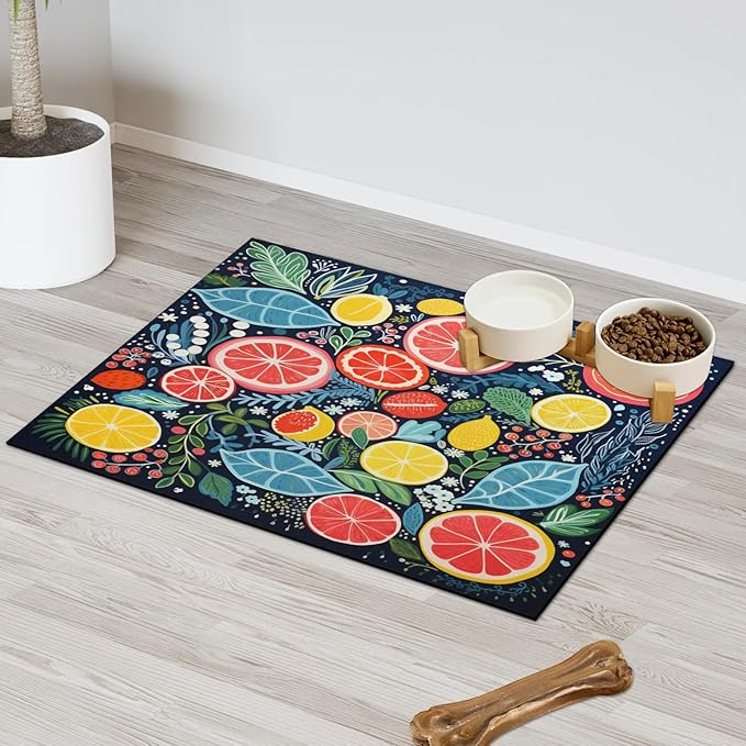 Colorful Lemon Dog Food Mat for Floors Absorbent Dog Bowl Mat for Food and Water Dispenser Quick Dry Cat Food Placemat Pet Supplies 12" x 20", Leaves
