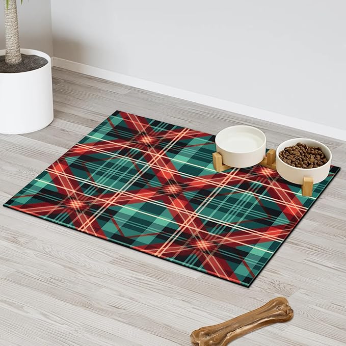 Buffalo Check Dog Food Mat for Floors Absorbent, Quick Dry Water Dispenser Mat for Food, Water, Pet Supplies 17" x 30", Green Red