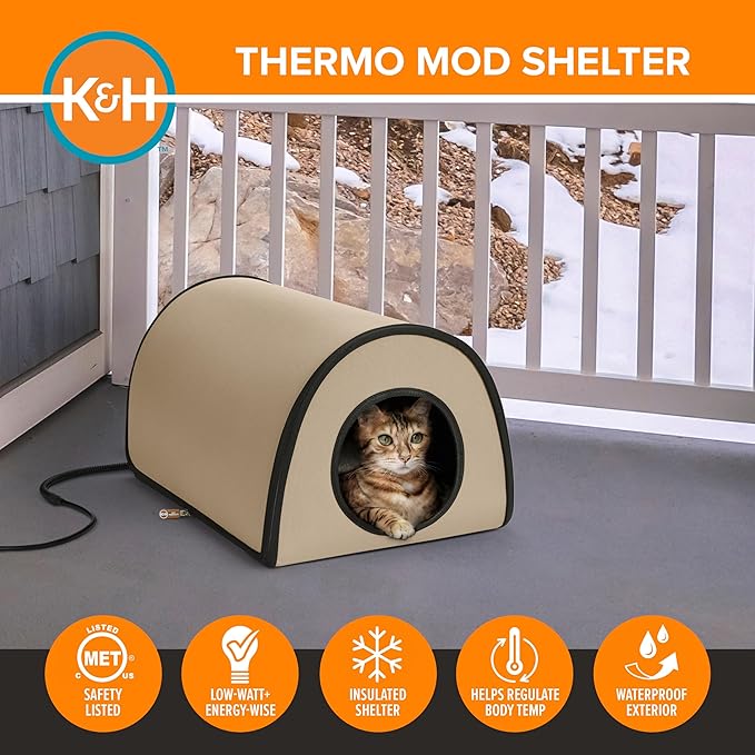 K&H Pet Products Heated Outdoor Cat House for Outside - Thermo Mod Kitty Shelter, Insulated, Waterproof, Heated Floor, Washable Cover, Safety Listed - Small 21 X 14 X 13in Tan 20W