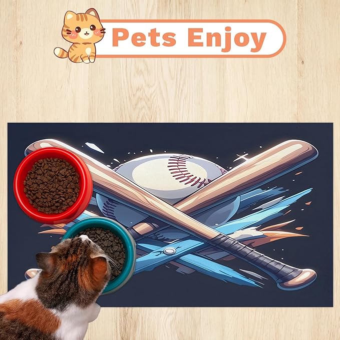 Baseball Bat Dog Food Mat for Floors Absorbent, Quick Dry Water Dispenser Mat for Food, Water, Pet Supplies 16" x 24", Sport Theme
