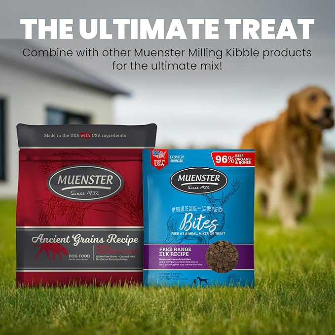 Muenster Freeze Dried Elk Bites - Dog Food, Treat, Mixer or Topper (16oz) - Grain-Free