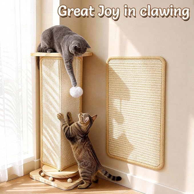 Couch Cat Corner Scratcher with Interactive Ball Toys for Cat, Replaceable Sisal Scratch Pad, Kitten Wall Scratcher for Couch, Wall Furniture Protector 25''