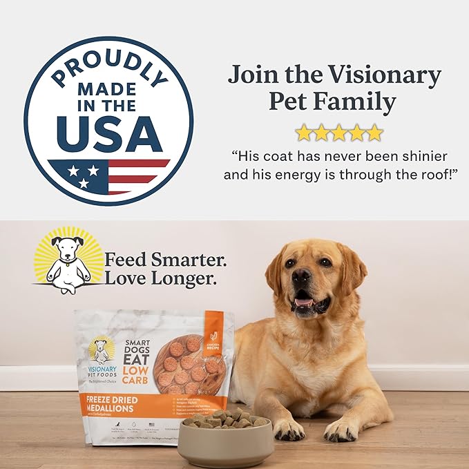 Visionary Pet Foods Low Carb Keto Dog Food <1g Net Carbs Freeze Dried Chicken Diabetic Friendly Made in USA 155 Medallions 12.5oz