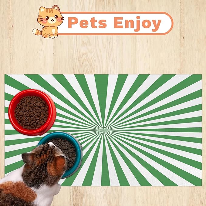 Striped Dog Food Mat for Floors Absorbent, Quick Dry Water Dispenser Mat for Food, Water, Pet Supplies 24" x 32", White Green