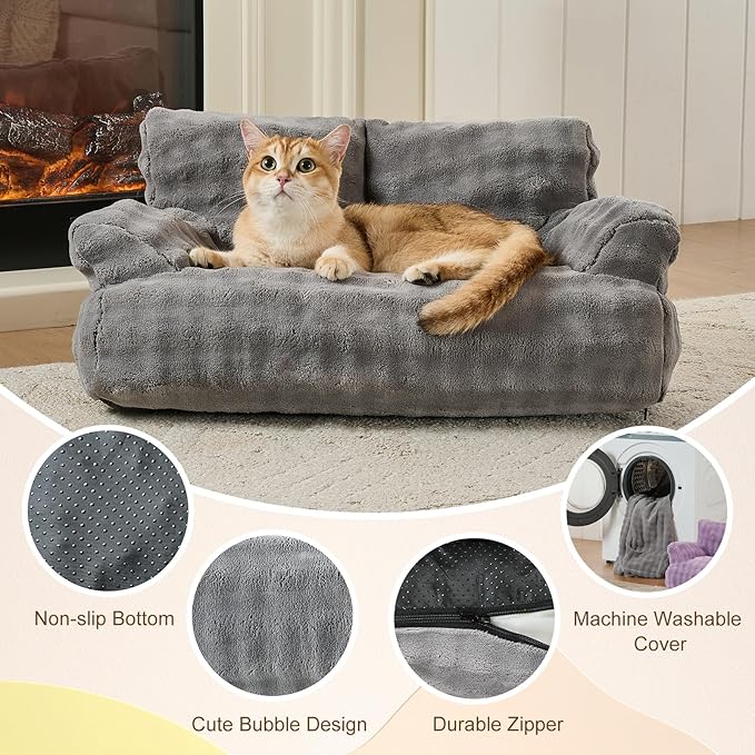 Cat Couch Bed, Cute Soft Pet Sofa for Indoor Cats Kittens Puppies with Removable Washable Cover, 26"x15", Grey