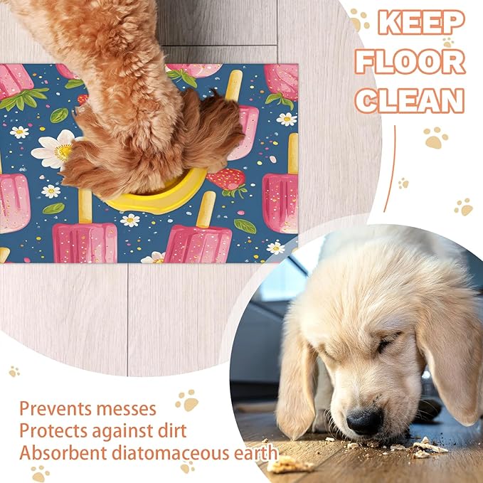 Pink Popsicle Dog Food Mat for Floors Absorbent Dog Bowl Mat for Food and Water Dispenser Quick Dry Cat Food Placemat Pet Supplies 16" x 24", Strawberry Flower