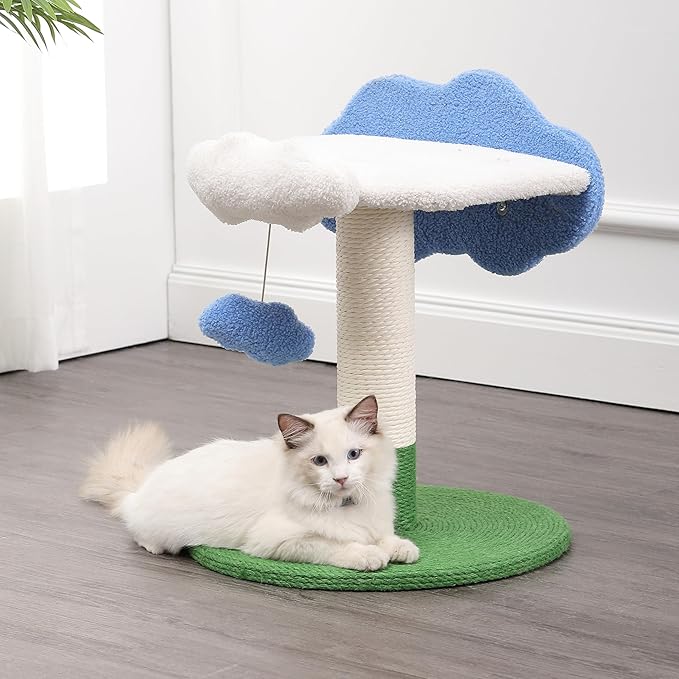 CTR1006A Sami 21.5" Modern Jute Cloud Cat Tree with Scratching Post, and Fuzzy Toy, White/Blue/Green
