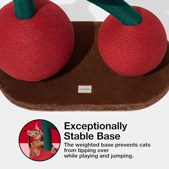 VETRESKA Cat Scratching Post, Large Cherry Cat Scratcher with Hammock, Tall Cat Scratch Interactive Toy with Natural Jute Rope for Indoor Cats, Kittens