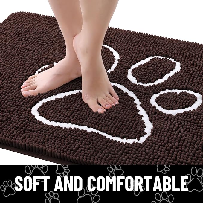 Smiry Dog Door Mat for Muddy Paws, Absorbent Dirt Trapper Non Slip Quick Dry Washable Chenille Mat for Mud Dogs, Entry Rug for Indoor and Outdoor (54x24 Inches, Brown and White)