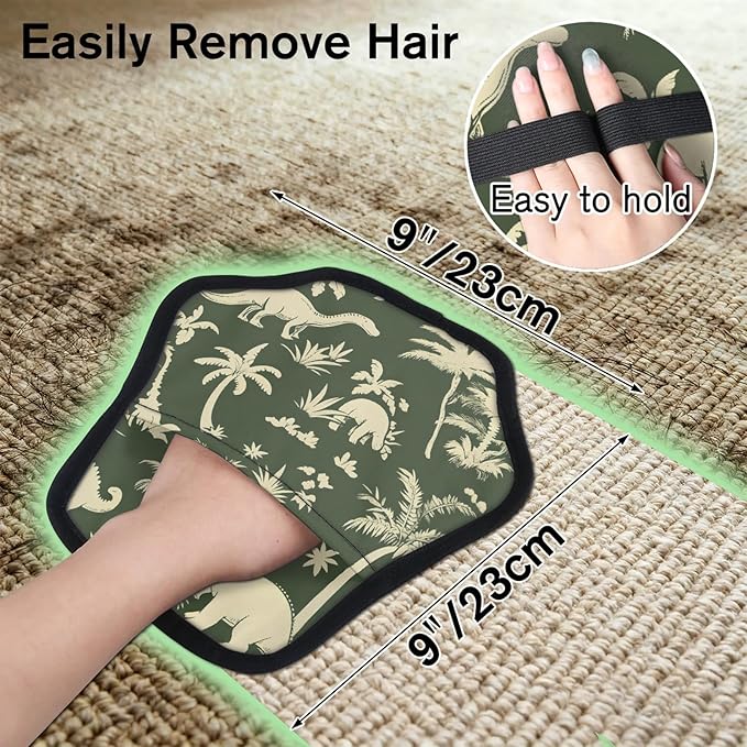 Palm Tree Dinosaur Electrostatic Pet Hair Removal Glove for Cats & Dogs - Reusable Grooming Mitt for Couch, Carpet, Car Seat & Laundry - Large 9x9 Inch