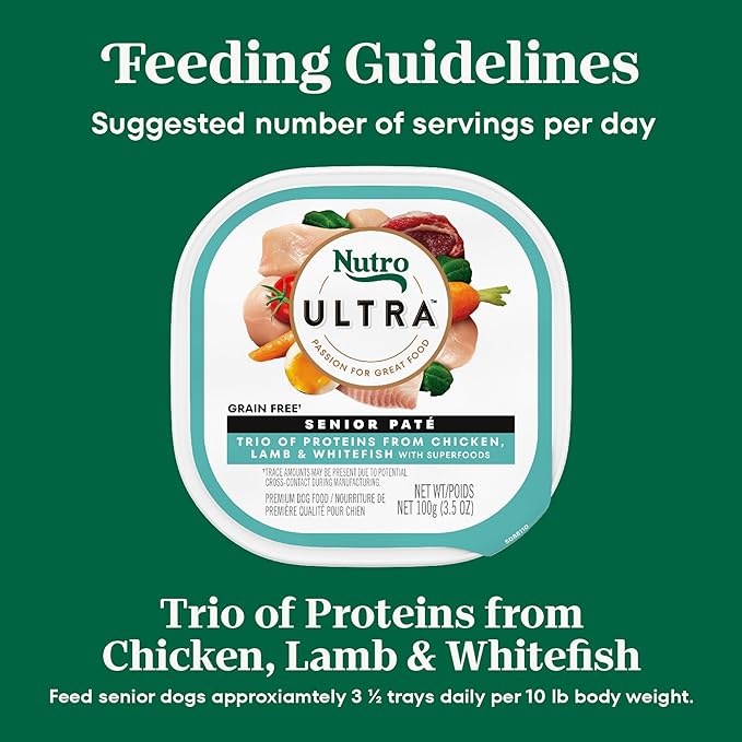 Nutro Ultra Wet Dog Food Senior Pate Trio of Proteins Chicken, Lamb & Whitefish, Senior Dog Wet Food, 3.5 oz. Trays, (24 Count, Pack of 1)