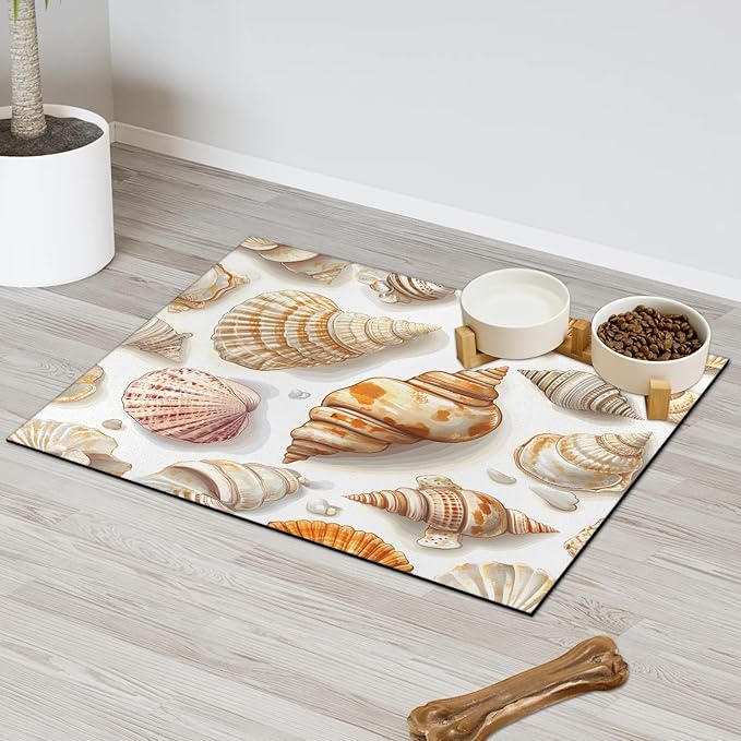 Ocean Theme Dog Food Mat for Floors Absorbent Dog Bowl Mat for Food and Water Dispenser Quick Dry Cat Food Placemat Pet Supplies 17" x 30", Seashell Beach
