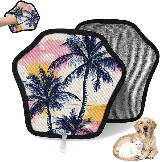 Reusable Pet Hair Removal Glove Palm Trees Themed Magic Brush for Cat & Dog Hair Remover for Car, Sofa, Bedding, Clothes - 9x9 Mitt Washable