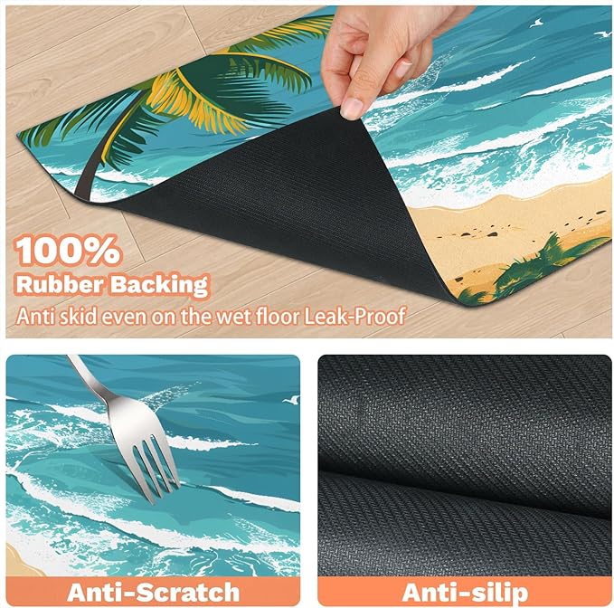 Blue Beach Dog Food Mat for Floors Absorbent, Quick Dry Water Dispenser Mat for Food, Water, Pet Supplies 16" x 24", Tropical Palm Tree