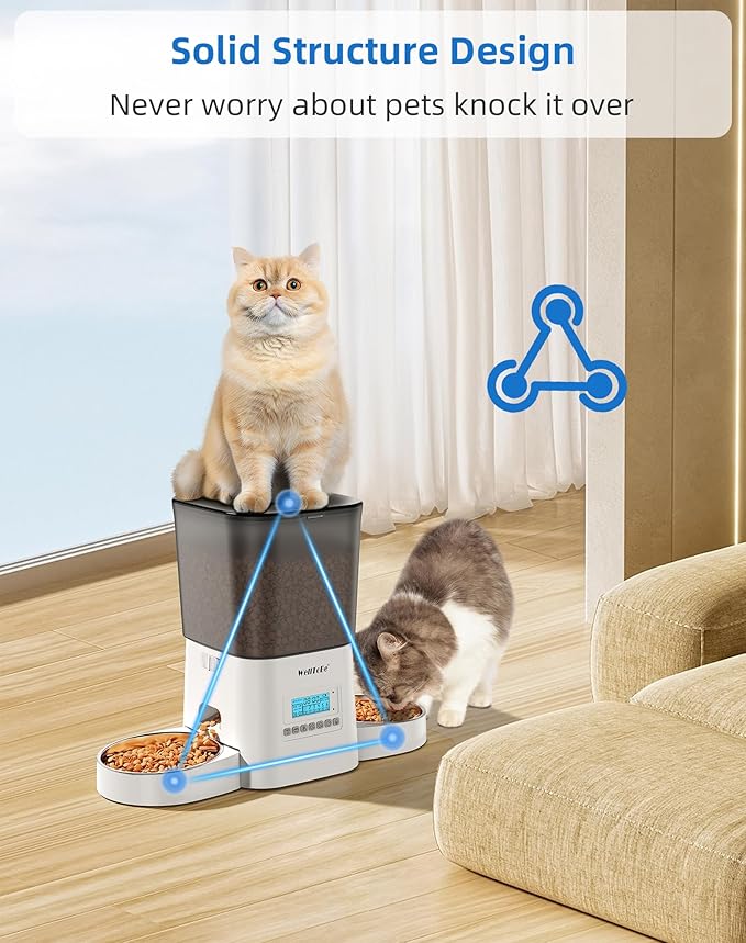Automatic Cat Feeder, WellToBe 3.5L Timed Dry Food Dispenser for 2 Cats, Dual Power Supply (AC/Battery Backup) with 10-Second Voice Recorder, Programmable Pet Feeder for Multiple Cats