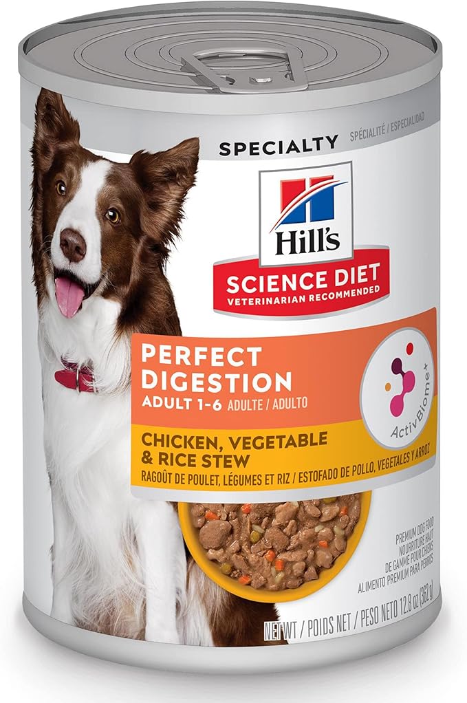 Hill's Science Diet Perfect Digestion, Adult 1-6, Digestive Support, Wet Dog Food, Chicken, Vegetable & Rice Stew, 12.8 oz Can, Case of 12