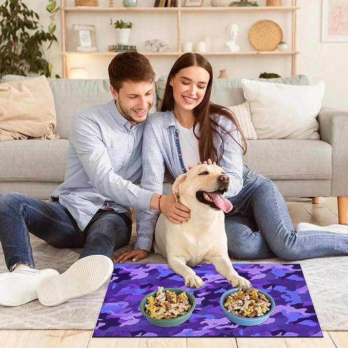 Purple Camouflage Dog Food Mat for Floors Absorbent Dog Bowl Mat for Food and Water Dispenser Quick Dry Cat Food Placemat Pet Supplies 24" x 32", Camo