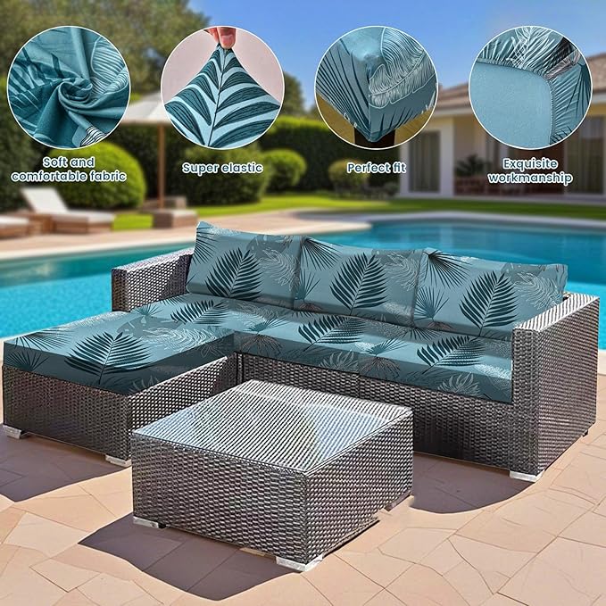 HANDONTIME 8Pcs Outdoor Patio Cushion Covers Palm Leaves Stretch Couch Cushion Cover Patio Couch Slipcover for Outdoor/Indoor Washable Non-Slip Furniture Protector for Pets (Dusty Teal,Cover Only)