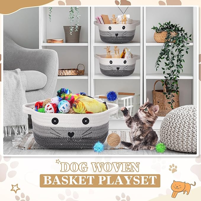Zopeal 58 Pcs Easter Cat Storage Basket Gift Toys Set, Colorful Flashing Balls Pet Bell Crinkle Balls Spring Toys Attract Cat to Swat, Hunt, Interactive for Pet(Multicolor,9.8 Inch)