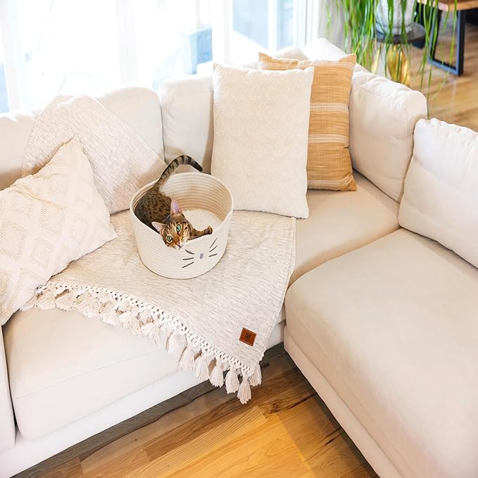 Catstages Bed & Basket Retreat 2-in-1 Cat Bed with Removable Cushion, Plush Cotton Rope, White, 15 in – Versatile Pet Bed and Toy Storage Basket