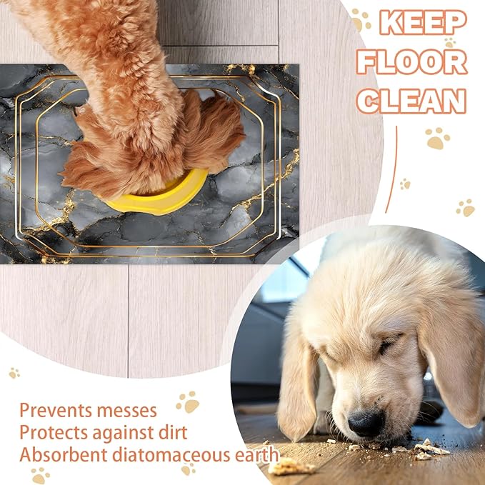 Grey Marble Dog Food Mat for Floors Absorbent, Quick Dry Water Dispenser Mat for Food, Water, Pet Supplies 12" x 20", Abstract