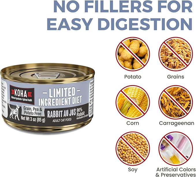 KOHA Limited Ingredient Diet Rabbit Au Jus for Cats, 96% Rabbit Sensitive Stomach Cat Food, No Fillers High Protein Wet Food for Cats, Trial Pack (3 Cans)