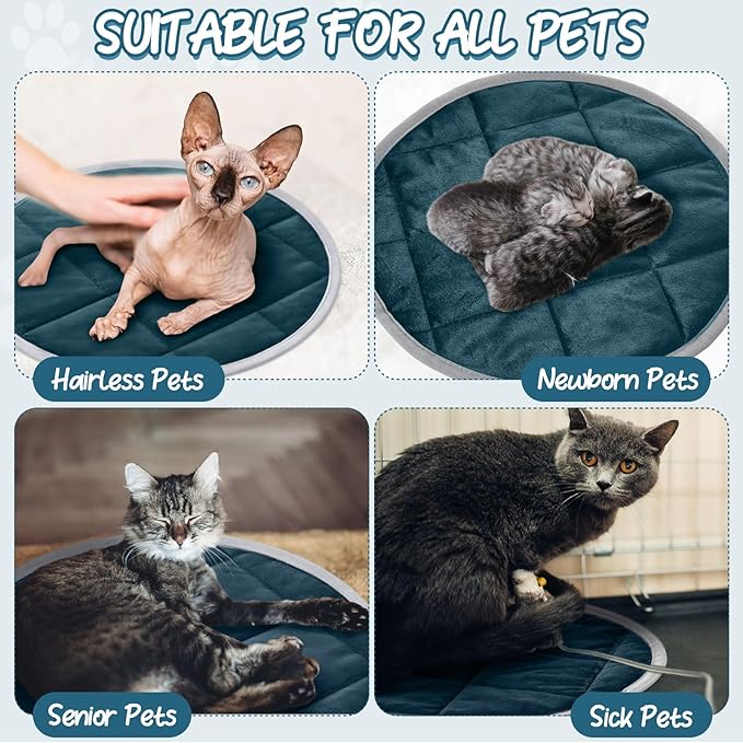2 Pcs Self Warming Cat Mat Round Self Heating Pad Bed Reversible Machine Washable Heated Bed Anti Slip Warming Pad Pet Mat for Cat Crate Indoor Outdoor(Blue,16 Inch)