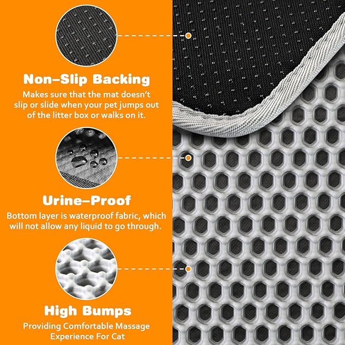 Waterproof Cat Litter Mat, Double Layer EVA, Odor-Free Large Grid, Urine Proof, Easy Cleanup (Black, 24 x 35)