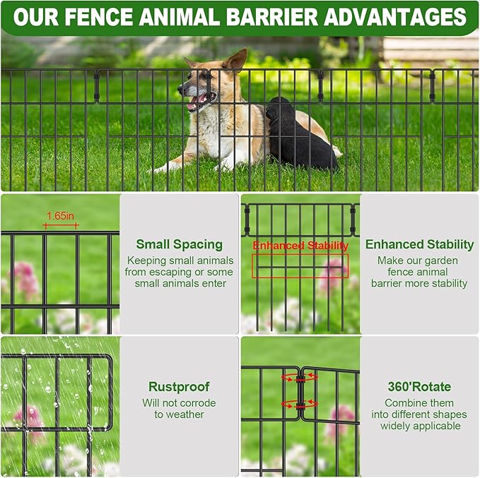 Decorative Garden Fence, 17in x 27ft, Metal Animal Barrier, 25 Pack, Metal Garden Fence Edging, Rabbit and Dog Ground Defense No-Dig Fence for Patio Patio Outdoor Flower Bed Edge Decoration