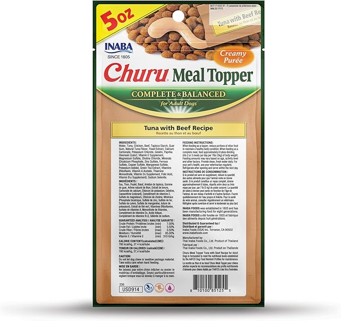 INABA Churu Meal Topper for Dogs, Complete & Balanced, Creamy, Lickable Purée Dog Food Toppers, 1.69 Ounce Tube, 18 Tubes (3 per Pack), Tuna with Beef Recipe