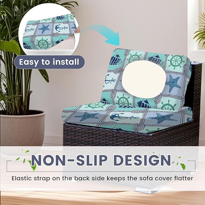 HANDONTIME 8Pcs Outdoor Patio Cushion Covers Anchor Starfish Stretch Couch Cushion Cover Patio Couch Slipcover for Outdoor/Indoor Washable Non-Slip Furniture Protector for Pets (Oceans,Cover Only)