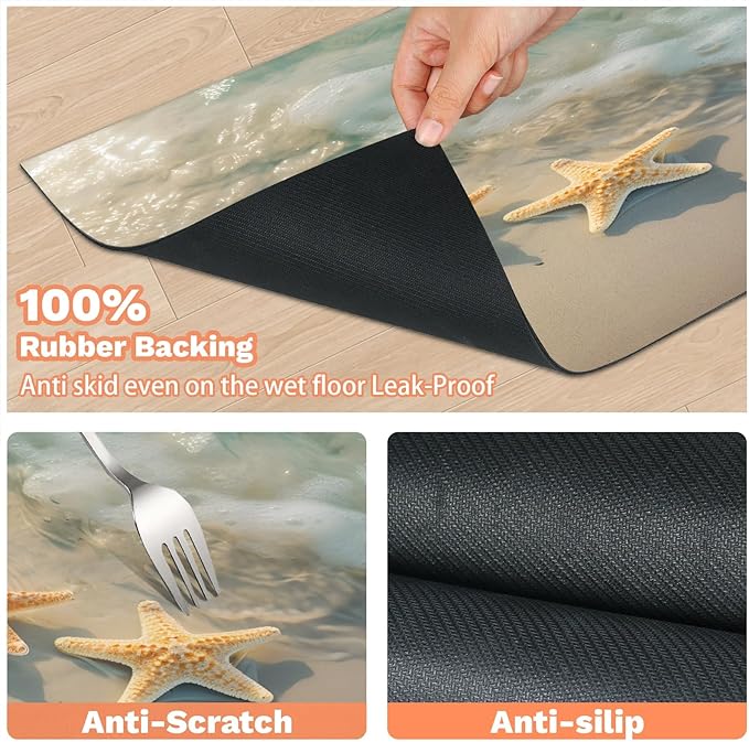 Starfish Dog Food Mat for Floors Absorbent, Quick Dry Water Dispenser Mat for Food, Water, Pet Supplies 16" x 24", Ocean Beach